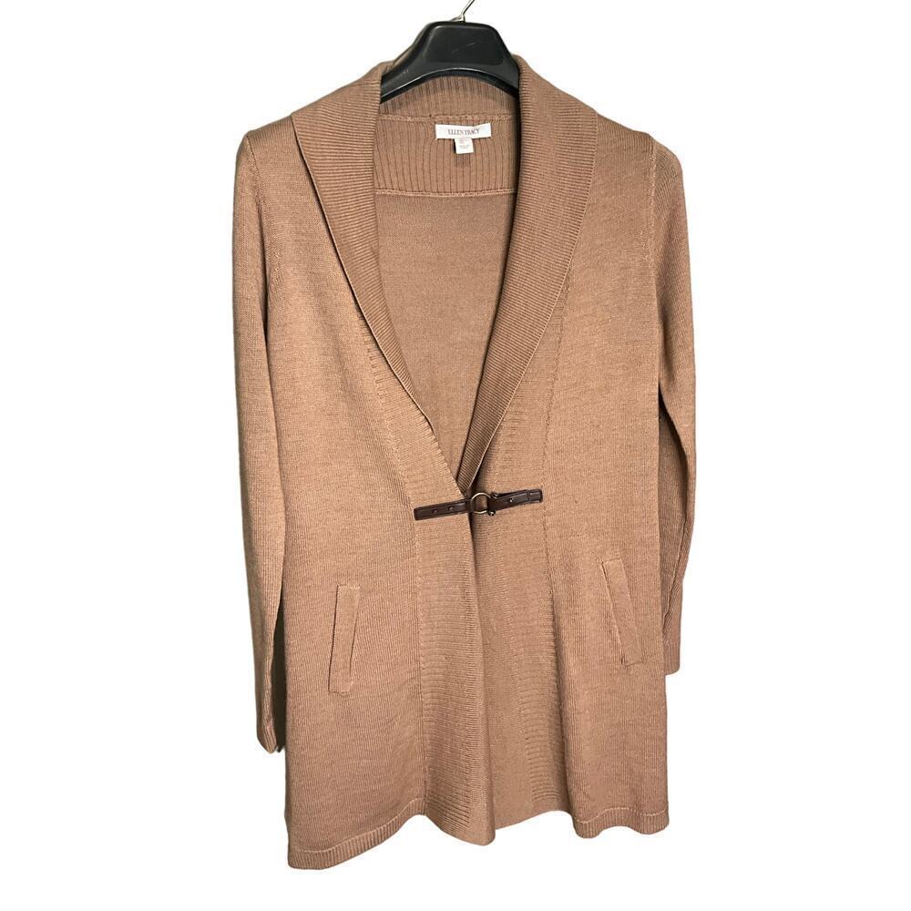 Ellen Tracy Shawl Neck Sweater Cardigan Long Sleeve Knit Brown Womens Large NEW